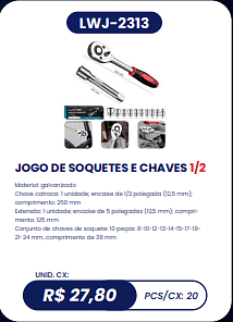 JOGO DE SOQUETES E CHAVES 1/2 UNID. CX: R$ 27,80 PCS/CX: 20