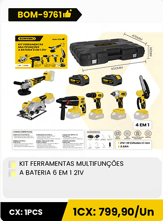 KIT FERRAMENTAS MULTIFUNÇÕES A BATERIA 6 EM 1 21V CX: 1PCS 1CX: 799,90/Un