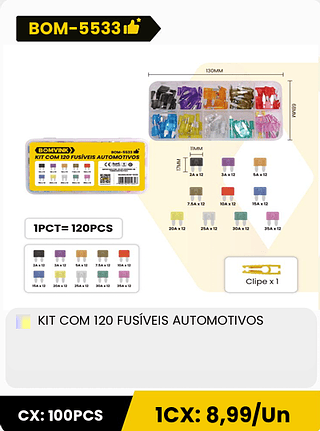KIT COM 120 FUSÍVEIS AUTOMOTIVOS CX: 100PCS ICX: 8,99/Un