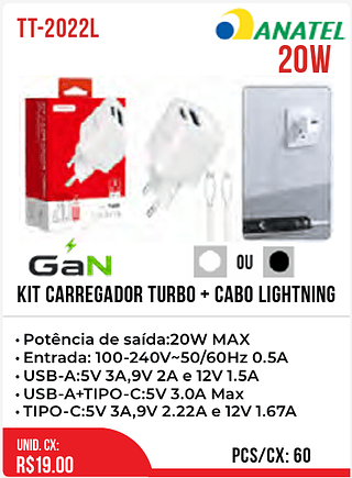 KIT CARREGADOR TURBO + CABO LIGHTNING 60pç=19$