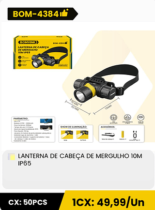LANTERNA DE CABEÇA DE MERGULHO 10M IP65 CX: 50PCS 1CX: 49,99/Un