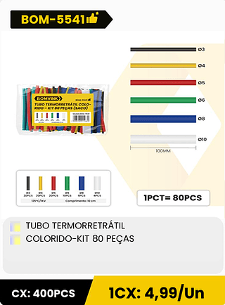 TUBO TERMORRETRÁTIL COLORIDO-KIT 80 PEÇAS CX: 400PCS 1CX: 4,99/Un
