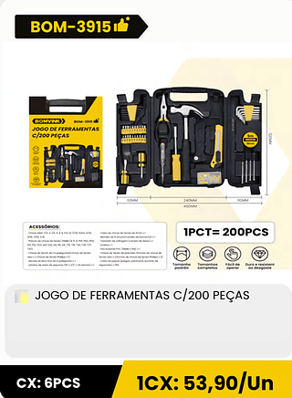 JOGO DE FERRAMENTAS C/200 PEÇAS CX: 6PCS 1CX: 53,90/Un