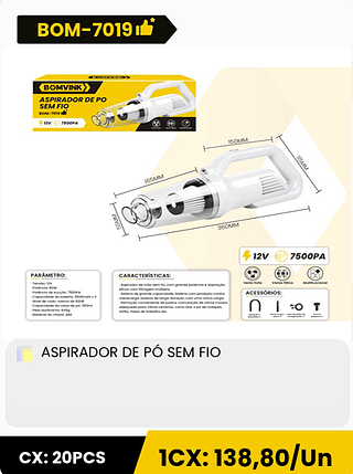 ASPIRADOR DE PÓ SEM FIO CX: 20PCS 1CX: 138,80/Un