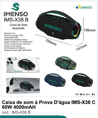 Caixa de som a Prova D'agua 60W 4000mAH R$252 PC/CX 20