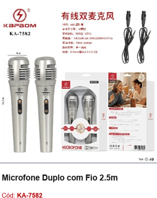 Microfone Duplo com Fio 2.5m R$ 27 PCS/Cx:40
