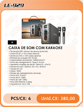 CAIXA DE SOM COM KARAOKE 6PÇ=380$