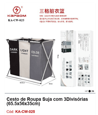 Cesto de Roupa Suja com 3Divisórias (65.5x56x35cm) R$ 67,5 PCS/CX: 30