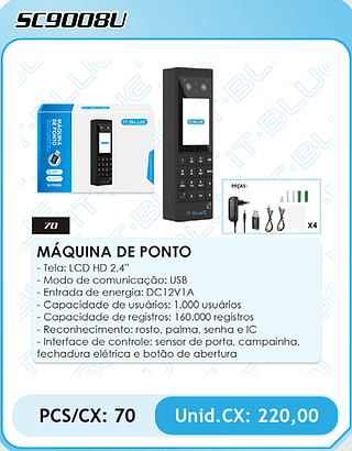 MÁQUINA DE PONTO - Tela: LCD HD 2,4" PCS/CX: 70 Unid.CX: 220,00