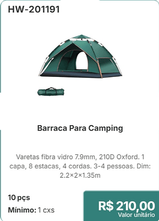 Barraca Para Camping 10 pçs R$ 210.00