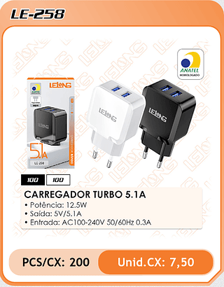 CARREGADOR TURBO 5.1A 200PÇ=7,5$