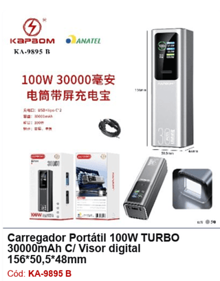 Carregador Portátil 100W TURBO 30000mAh C/ Visor digital R$148,5 PCS/Cx: 50