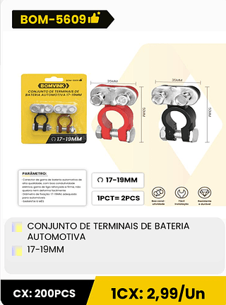 CONJUNTO DE TERMINAIS DE BATERIA AUTOMOTIVA 17-19MM CX: 200PCS 1CX: 2,99/Un