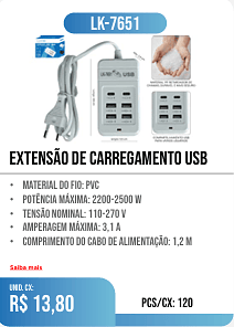 Extensão de carregamento usb PCS/CX: 120 UNID. CX: r$ 13,80