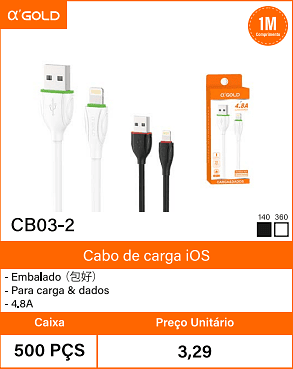 Cabo de carga iOS - Caixa 500 PCS Preco Unitario 3,29