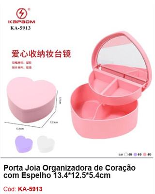 Porta Joia Organizadora de Coração com Espelho 13.4*12.5*5.4cm R$ 10,8 PCS/CX: 120