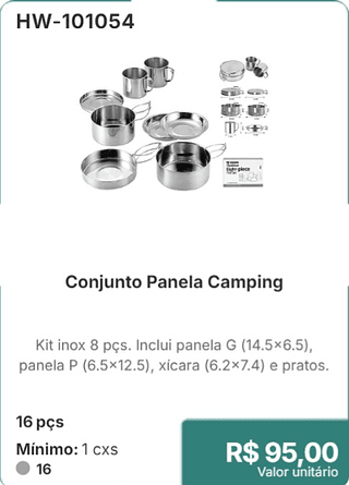 Conjunto Panela Camping 16 pçs R$ 95,00