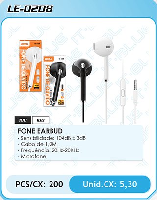 FONE EARBUD - Sensibilidade: 104dB ± 3dB - Cabo de 1,2M - Frequência: 20Hz-20KHz - Microfone PCS/CX: 200 Unid.CX: 5,30