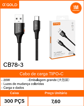 Cabo de carga TIPO-C - Caixa 300 PCS Preco Unitario 7,60