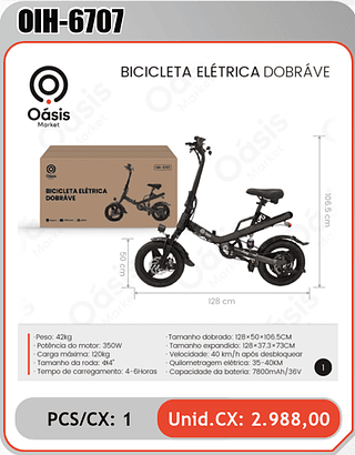 BICICLETA ELÉTRICA DOBRÁVEL PCS/CX: 1 Unid.CX: 2.988,00