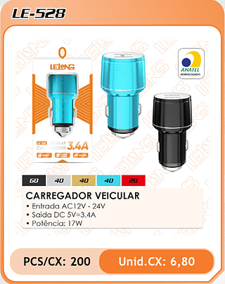 CARREGADOR VEICULAR 200PÇ=6,8$