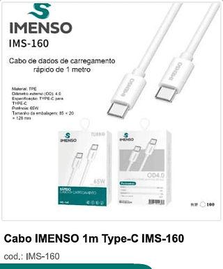 Cabo IMENSO 1m Type-C 100PC/CX R$6,3