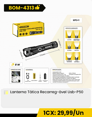Lanterna Tática Recarreg-ável Usb-P50 CX: 60PCS 1CX: 29,99/Un
