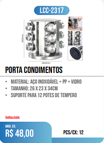 PORTA CONDIMENTOS PCS/CX: 12 UNID. CX: r$ 48,00