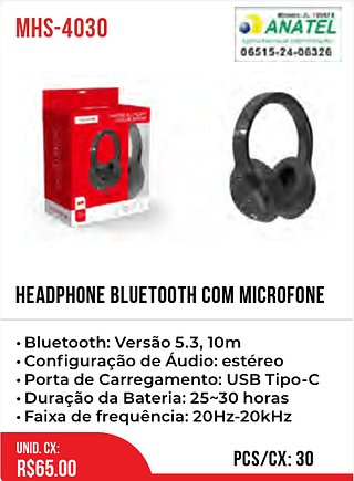 Headphone Bluetooth Com Microfone 30pç=65$