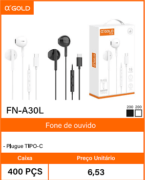 Fone de ouvido - Plugue TIPO-C Caixa 400 PCS Preco Unitario 6,53