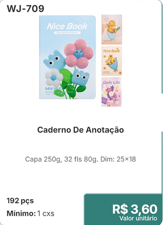 Caderno De Anotação 192 pçs R$ 3.60
