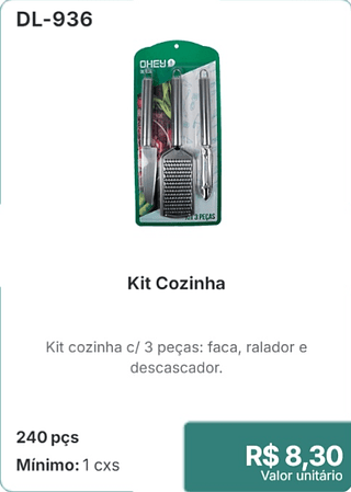 Kit Cozinha 240 pçs R$ 8,30