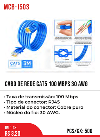 CABO DE REDE CAT5 100 MBPS 30 AWG 500pç=3,2$