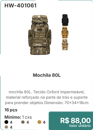 Mochila 80L 16 pçs R$ 88,00