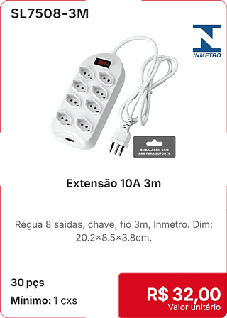 Extensão 10A 3m 30 pçs R$ 32.00