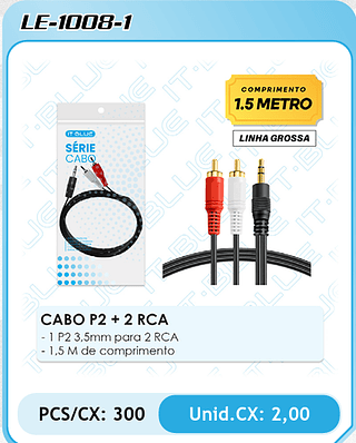 CABO P2 + 2 RCA - 1 P2 3,5mm para 2 RCA - 1,5 M de comprimento PCS/CX: 300 Unid.CX: 2,00