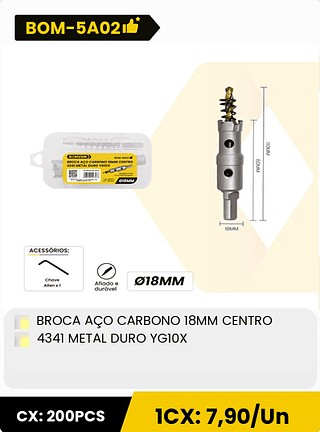 BROCA AÇO CARBONO 18MM CENTRO 4341 METAL DURO YGI0X CX: 200PCS 1CX: 7,90/Un