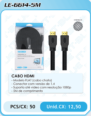 CABO HDMI - Modelo FLAT (cabo chato) - Conector com versão de 1.4 - Suporta até video com resolução 1080p - 5M de comprimento PCS/CX: 50 Unid.CX: 12,50