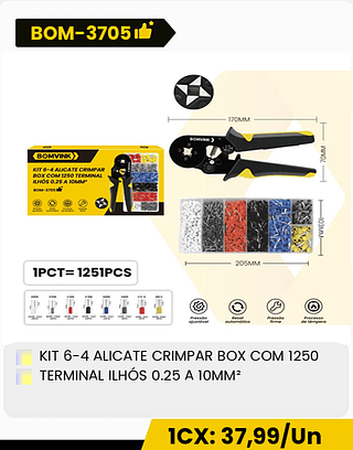 KIT 6-4 ALICATE CRIMPAR BOX COM 1250 TERMINAL ILHÓS 0.25 A 10MM2 CX: 40PCS 1CX: 37,99/Un