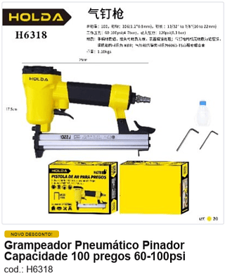 Grampeador Pneumático Pinador Capacidade 100 pregos 60-100psi R$ 74,7 PC/CX:20