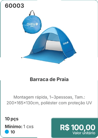 Barraca de Praia 10 pçs R$ 100,00