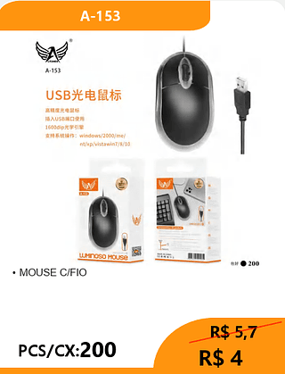 MOUSE C/FIO PCS/CX:200 R$ 4