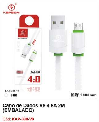 Cabo de Dados V8 4.8A 2M R$ 2,25 PCS/CX:500