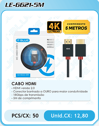 CABO HDMI - HDMI versão 2.0 - Conector banhado a OURO para maior condutividade - 18Gbps de transmissão - 5M de comprimento PCS/CX: 50 Unid.CX: 12,80