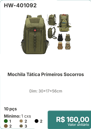 Mochila Tática Primeiros Socorros 10 pçs R$ 160,00