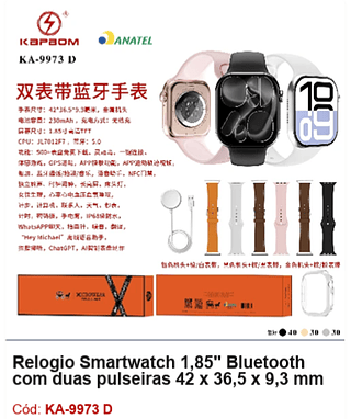 Relogio Smartwatch 1,85" Bluetooth com duas pulseiras 42 x 36,5 x 9,3 mm R$99 PCS/Cx:100