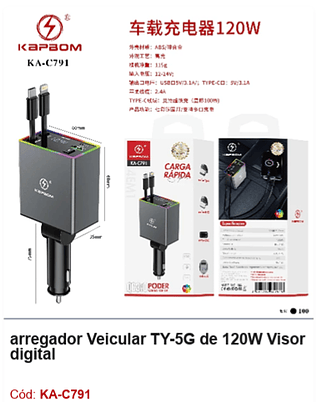 Carregador Veicular TY-5G de 120W Visor digital R$ 30,6 PCS/CX:100