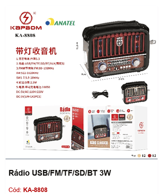 Rádio USB/FM/TF/SD/BT 3W R$59,4 PCS/Cx:24