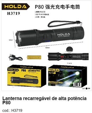 Lanterna recarregável de alta potência P80 R$ 38,7 PC/CX80