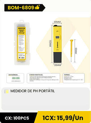MEDIDOR DE PH PORTÁTIL CX: 100PCS 1CX: 15,99/Un